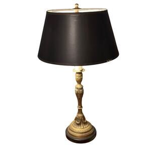 Vintage Double Socket Cast Brass Candlestick Lamp Chain Heavy Metal Black Shade